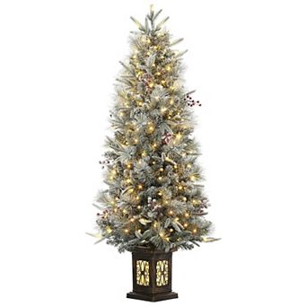 4.5FT Pre-Lit Potted Snow Flocked Christmas Tree with 200 Lights
