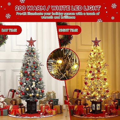 4.5FT Pre-Lit Potted Snow Flocked Christmas Tree with 200 Lights