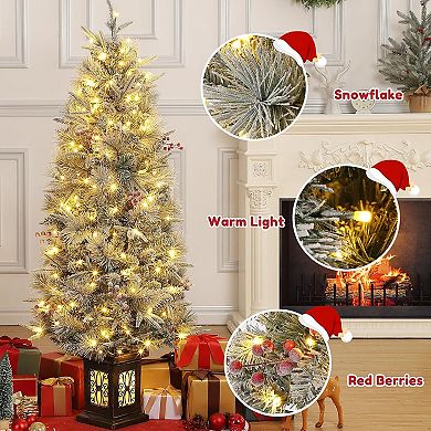 4.5FT Pre-Lit Potted Snow Flocked Christmas Tree with 200 Lights