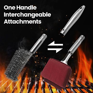 2-in-1 Stainless Steel Grill Brush Cleaning Kit, Interchangeable BBQ Brush & Griddle Scraper