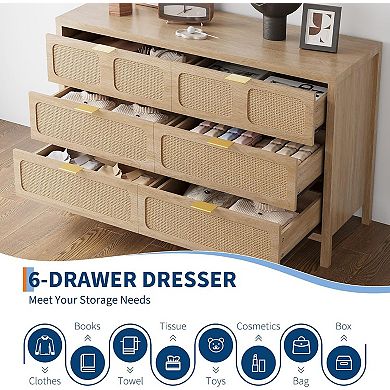 Rattan Drawer Dresser with Metal Handles, Farmhouse Storage for Bedroom/Living Room