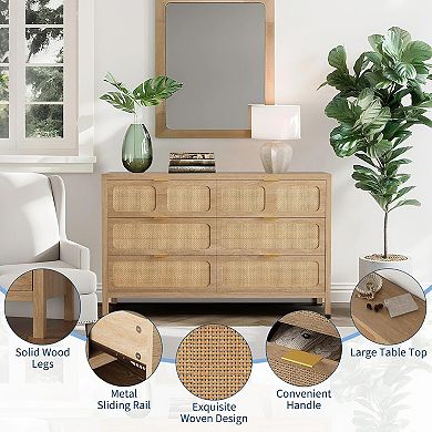 Rattan Drawer Dresser with Metal Handles, Farmhouse Storage for Bedroom/Living Room