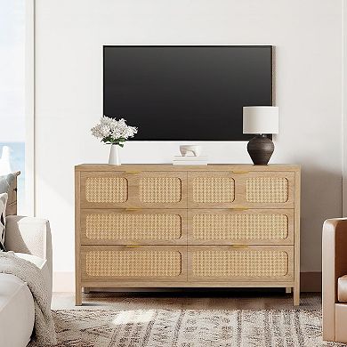 Rattan Drawer Dresser with Metal Handles, Farmhouse Storage for Bedroom/Living Room