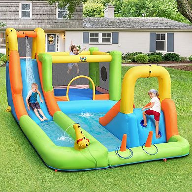 Costway Inflatable Water Slide Park Bounce House Splash Pool with 750W Blower