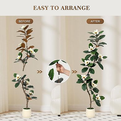 6FT Artificial Fiddle Leaf Fig Tree with Magnolia in White Pot Indoor Outdoor