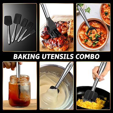 5pcs Silicone Spatula Set with Stainless Steel Handles Cooking Spatulas with Spoonula & Brush
