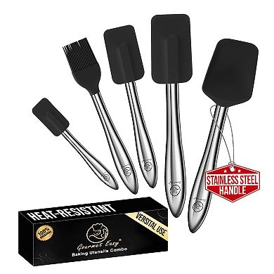 5pcs Silicone Spatula Set with Stainless Steel Handles Cooking Spatulas with Spoonula & Brush