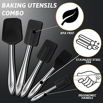 5pcs Silicone Spatula Set with Stainless Steel Handles Cooking Spatulas with Spoonula & Brush