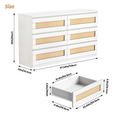 Rattan 6-Drawer Double Dresser, Wide Wood Chest of Drawers for Bedroom & Living Room