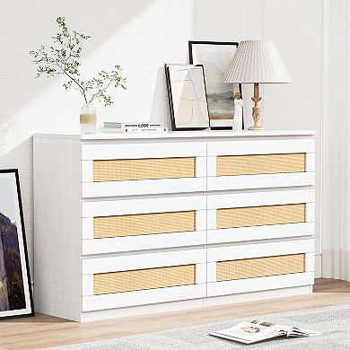 Rattan 6-Drawer Double Dresser, Wide Wood Chest of Drawers for Bedroom & Living Room