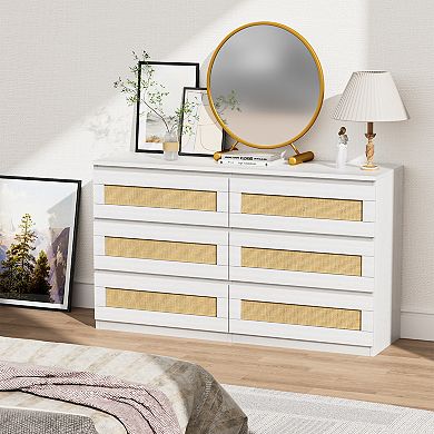 Rattan 6-Drawer Double Dresser, Wide Wood Chest of Drawers for Bedroom & Living Room