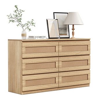 Rattan 6-Drawer Double Dresser, Wide Wood Chest of Drawers for Bedroom & Living Room