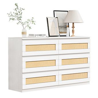 Rattan 6-Drawer Double Dresser, Wide Wood Chest of Drawers for Bedroom & Living Room