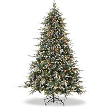 Snow Flocked Christmas Tree with LED Lights 8 Lighting Modes Metal Stand PE PVC