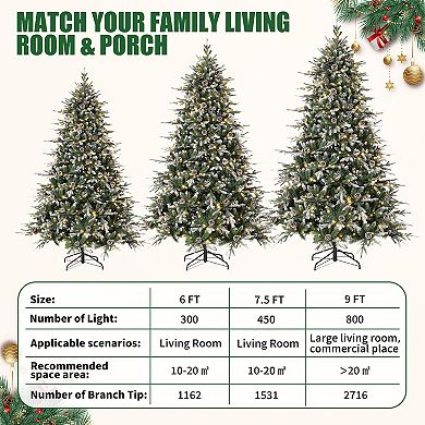 Snow Flocked Christmas Tree with LED Lights 8 Lighting Modes Metal Stand PE PVC