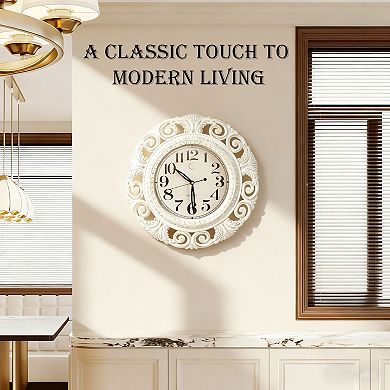 Clockswise 16" Classic Round Decorative Hanging Wall Clock with Ornate Leaf Scroll Frame