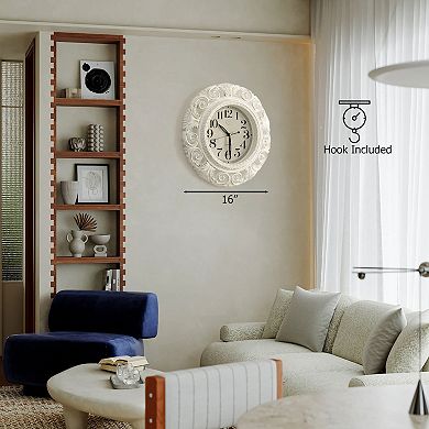 Clockswise 16" Classic Round Decorative Hanging Wall Clock with Ornate Leaf Scroll Frame