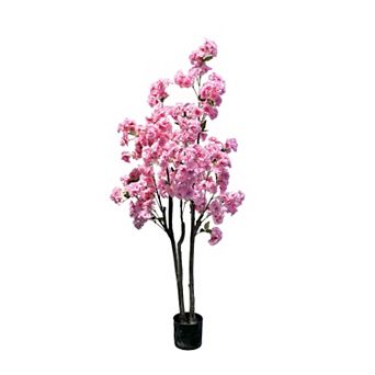 5FT Artificial Cherry Blossom Tree Double Pole Decorative Silk Tree with Pot for Home