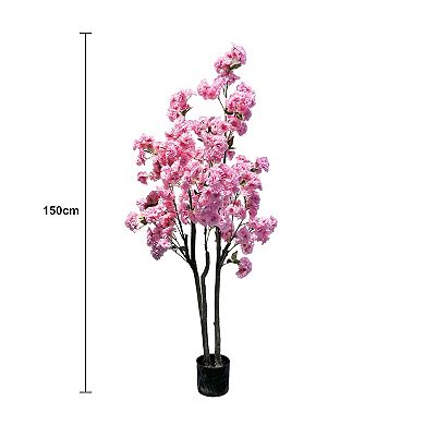 5FT Artificial Cherry Blossom Tree Double Pole Decorative Silk Tree with Pot for Home