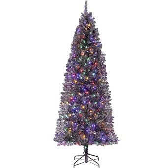 7.5FT Black Prelit Pencil Christmas Tree Dual-Color LEDs Metal Stand Halloween