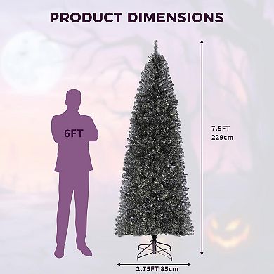 7.5FT Black Prelit Pencil Christmas Tree Dual-Color LEDs Metal Stand Halloween