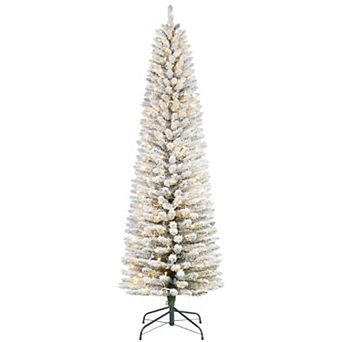 6-9FT Prelit Flocked Pencil Christmas Tree with Lights for Home Shop Hotel