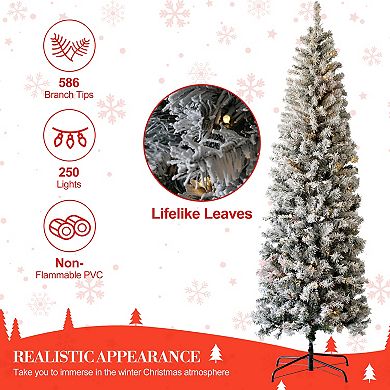 6.5 Ft Prelit Pencil Christmas Tree Snow Flocked 586 Tips 250 LED