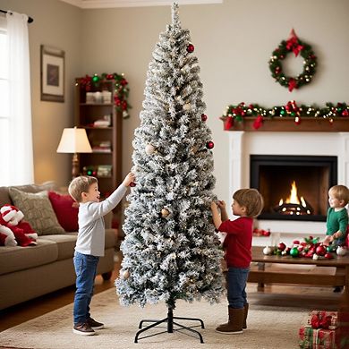 6.5 Ft Prelit Pencil Christmas Tree Snow Flocked 586 Tips 250 LED