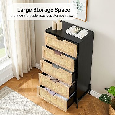 Natural Rattan 5-Drawer Dresser, Farmhouse Storage Cabinet with Solid Metal Legs