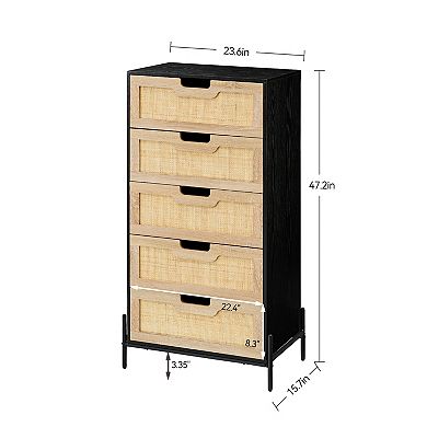 Natural Rattan 5-Drawer Dresser, Farmhouse Storage Cabinet with Solid Metal Legs