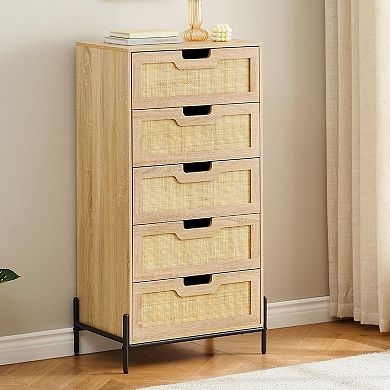 Natural Rattan 5-Drawer Dresser, Farmhouse Storage Cabinet with Solid Metal Legs