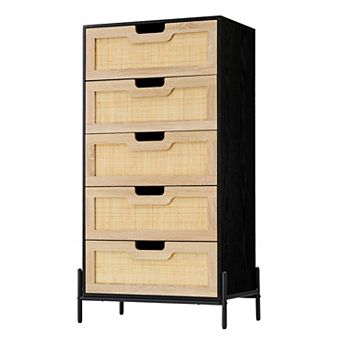 Natural Rattan 5-Drawer Dresser, Farmhouse Storage Cabinet with Solid Metal Legs