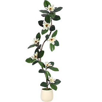 7FT Artificial Fiddle Leaf Fig Tree with Magnolia in White Pot Indoor Outdoor