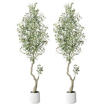 2 pc 7FT Faux Olive Tree with White Planter Green Moss