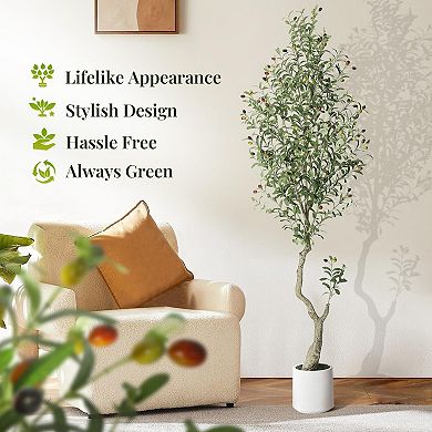 2PCS 7FT Faux Olive Tree with White Planter Green Moss