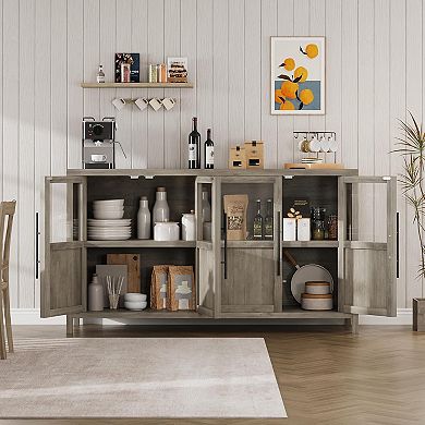 Sideboard Buffet with 4 Glass Doors, Coffee & Wine Bar for Dining/Living Room