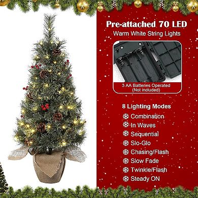 3FT LED Tabletop Christmas Tree 78 Lights Pine Cones Berries 8 Modes