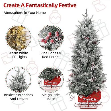 4.5FT Pre-Lit Artificial Christmas Tree Flocked Frosted 200 Lights