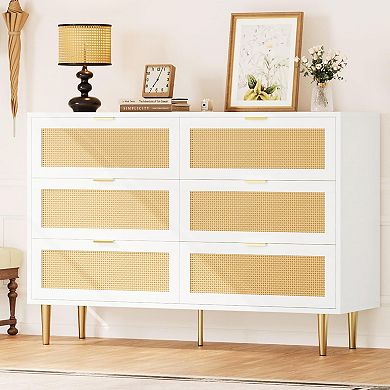 Rattan 6-Drawer Dresser with Gold Legs & Handles for Bedroom/Living Room