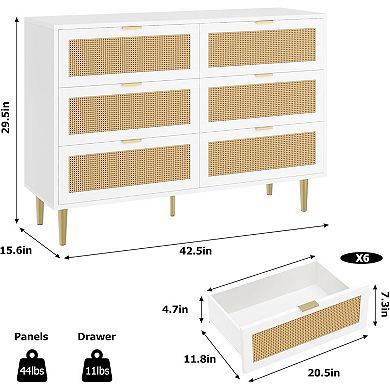 Rattan 6-Drawer Dresser with Gold Legs & Handles for Bedroom/Living Room