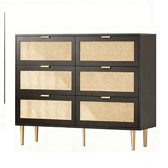 Rattan 6-Drawer Dresser with Gold Legs & Handles for Bedroom/Living Room