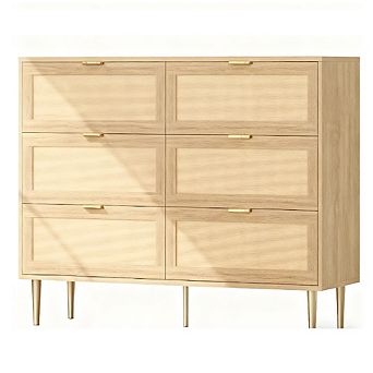 Rattan 6-Drawer Dresser with Gold Legs & Handles for Bedroom/Living Room