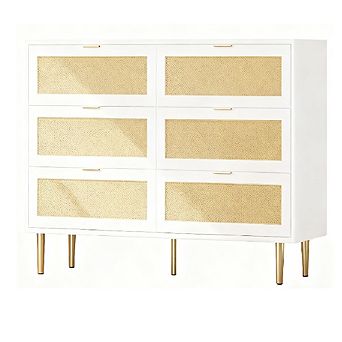 Rattan 6-Drawer Dresser with Gold Legs & Handles for Bedroom/Living Room