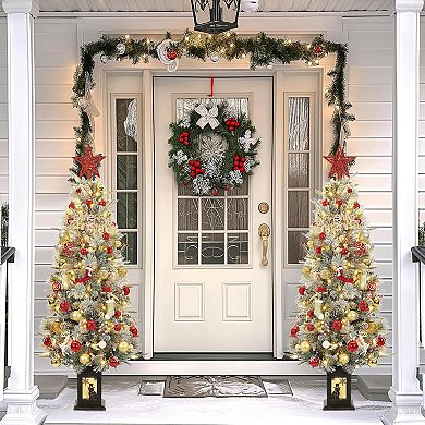 2PCS 4.5FT Christmas Tree Set 200 Lights Frosted Cedar Red Fruit