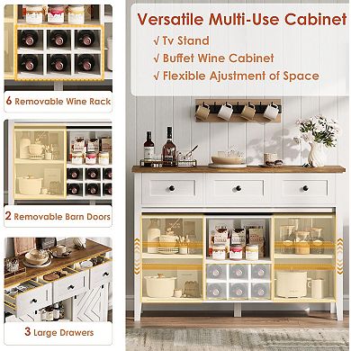 Farmhouse Buffet with Sliding Barn Door, 3 Drawers & Wine Rack for Dining/Kitchen