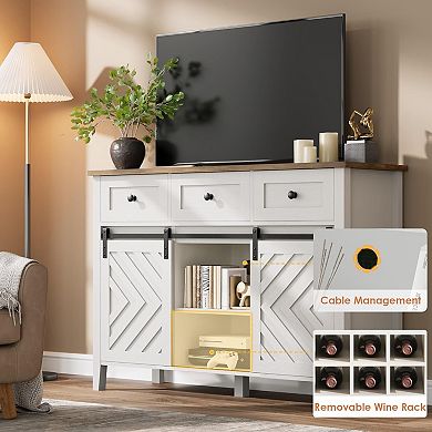 Farmhouse Buffet with Sliding Barn Door, 3 Drawers & Wine Rack for Dining/Kitchen