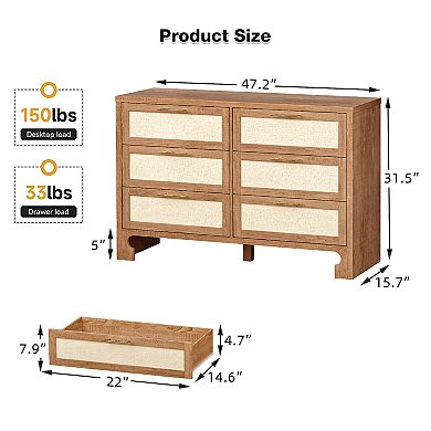 Burlap 6-Drawer Dresser, Farmhouse Wooden Chest with Handles for Bedroom & Living Room