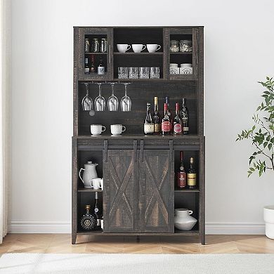 Wine & Coffee Bar Cabinet with Storage Hutch, Sliding Barn Door Pantry for Dining Room