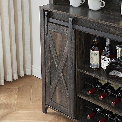 Wine & Coffee Bar Cabinet with Storage Hutch, Sliding Barn Door Pantry for Dining Room