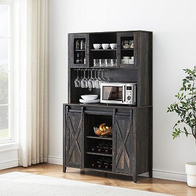 Wine & Coffee Bar Cabinet with Storage Hutch, Sliding Barn Door Pantry for Dining Room